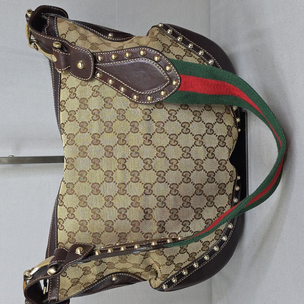 Gucci Beige GG Canvas Shoulder Bag with Brown Leather & Green-Red Web Strap - Picture 6 of 16